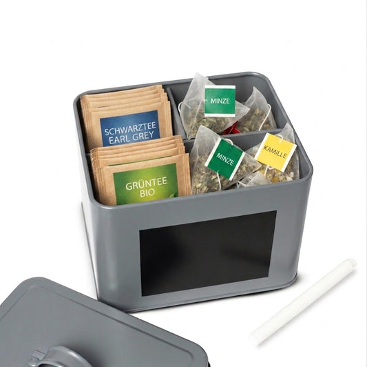 Teedose Metall Aufbewahrungsbox 3 Fächer mit Deckel & Stift Snack Organizer Grau