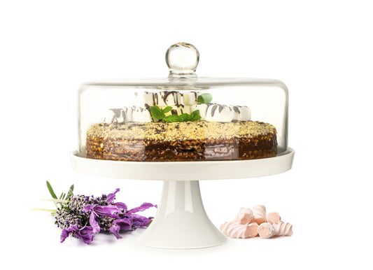 Glasglocke Kuchenglocke Käseglocke Fuß aus Porzellan Tortenplatte Kuchenplatte