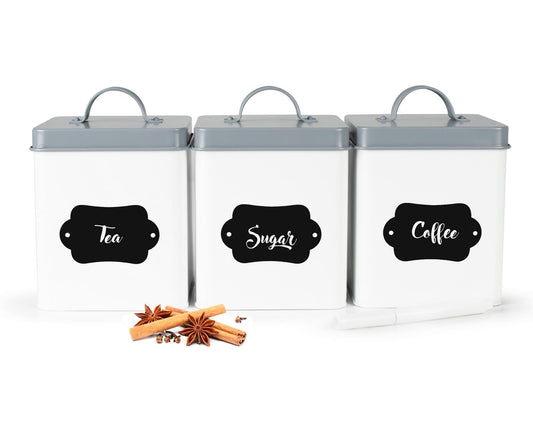 3 Vorratsdosen aus Metall mit Tafelfeld Aufbewahrungsdose Vorratsbehälter Weiß