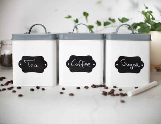 3 Vorratsdosen aus Metall mit Tafelfeld Aufbewahrungsdose Vorratsbehälter Weiß