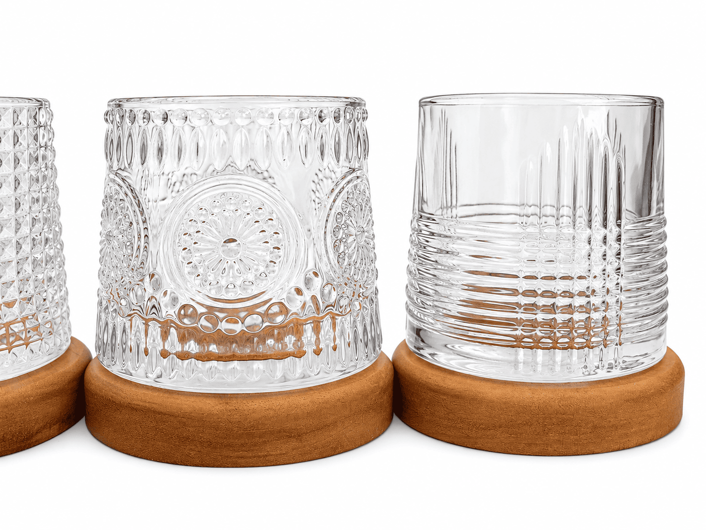 4er Set Whiskygläser 170ml Holzuntersetzer Tumbler Drehend 4 Muster
