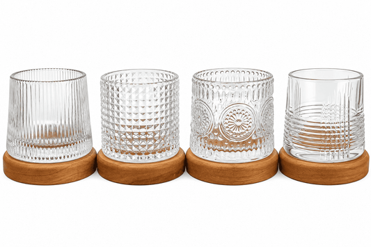 4er Set Whiskygläser 170ml Holzuntersetzer Tumbler Drehend 4 Muster