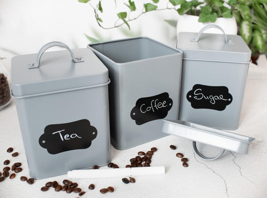 3 Vorratsdosen aus Metall mit Tafelfeld Vorratsbehälter Keksdose Aufbewahrungsdose Grau