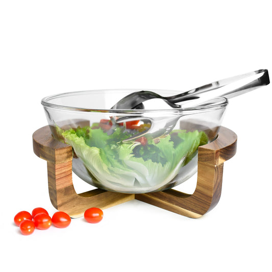 Elegantes 3-teiliges Salatschalenset aus Glas mit Salatbesteck auf Holz-Gestell