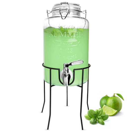 3L Getränkespender mit Zapfhahn aus Edelstahl Glasdeckel und Ständer Dispenser