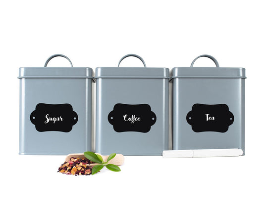 3 Vorratsdosen aus Metall mit Tafelfeld Vorratsbehälter Keksdose Aufbewahrungsdose Grau