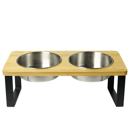 Erhöhter Doppelnapf Katzennapf Hund Napf Set Edelstahl Bambus 2x250ml