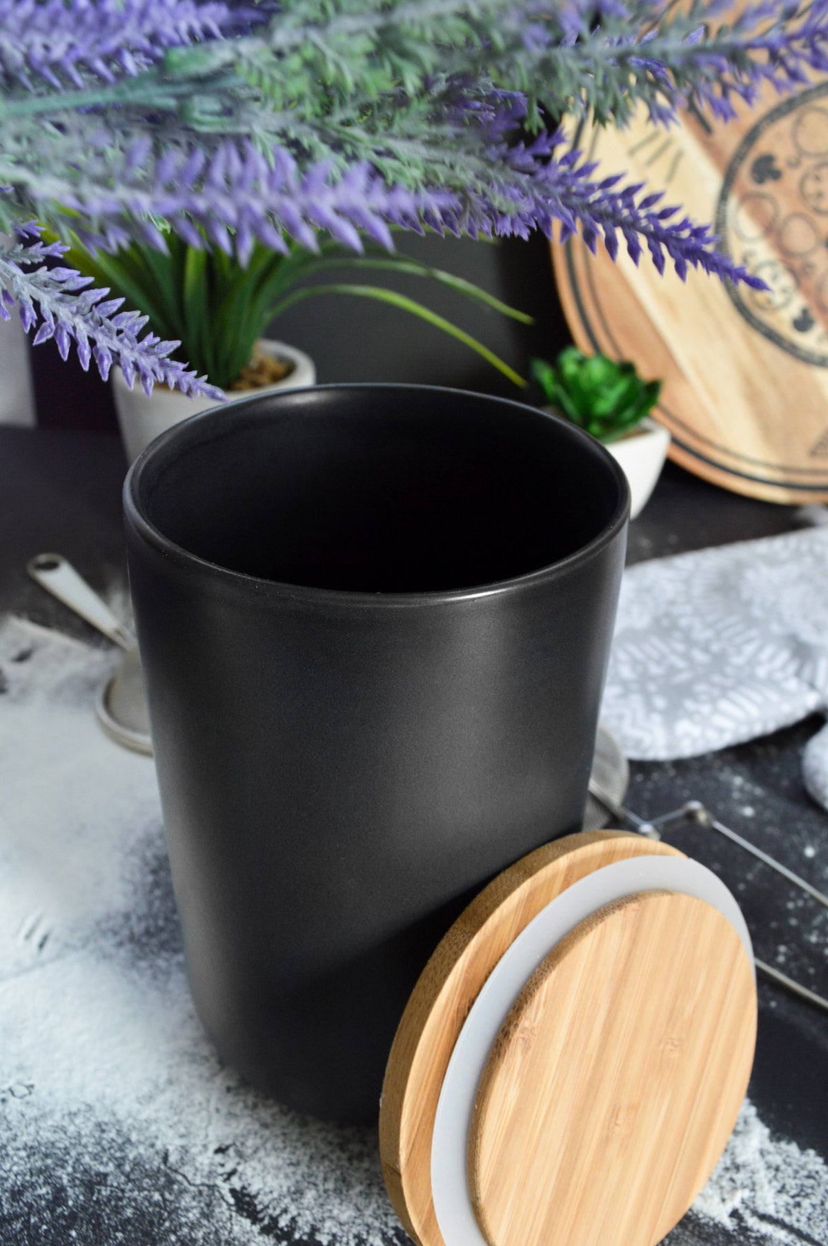 Schwarze Vorratsdose 800ml mit Holzdeckel Porzellan Vorratsbehälter Dose #5