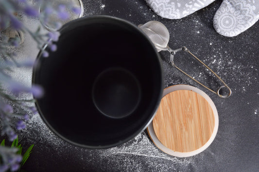 Schwarze Vorratsdose 800ml mit Holzdeckel Porzellan Vorratsbehälter Dose #5