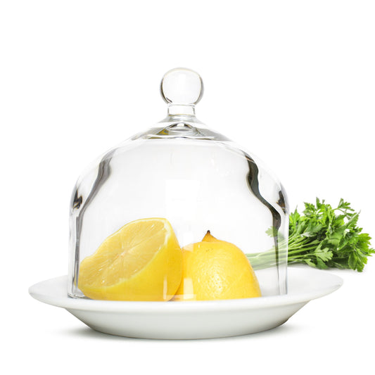 Glashaube mit Porzellanteller Glasglocke Zitronenglocke Glasdom Dekoglocke