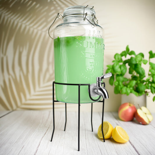 3L Getränkespender mit Zapfhahn aus Edelstahl Glasdeckel und Ständer Dispenser