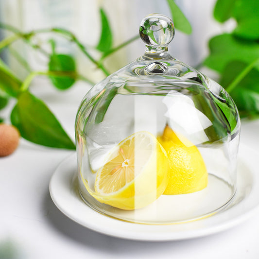Glashaube mit Porzellanteller Glasglocke Zitronenglocke Glasdom Dekoglocke