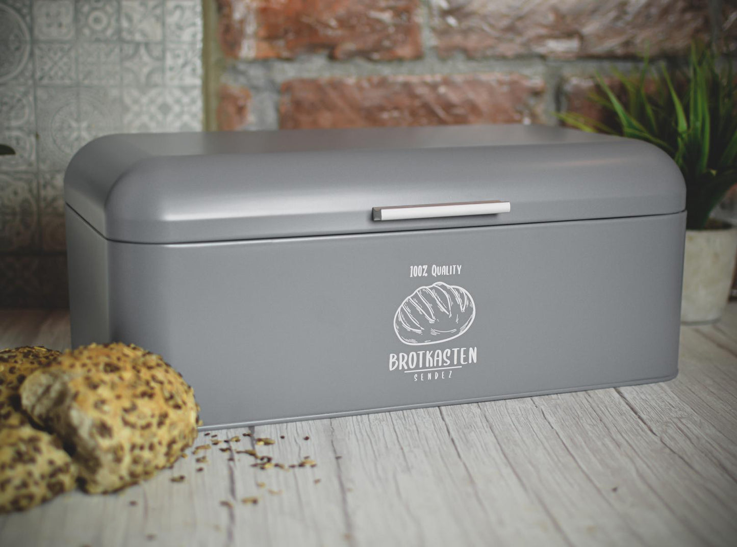 Großer Brotkasten aus Metall mit Klappdeckel im Retro Look  Rollbrotkasten Brotbehälter Brotbox Grau