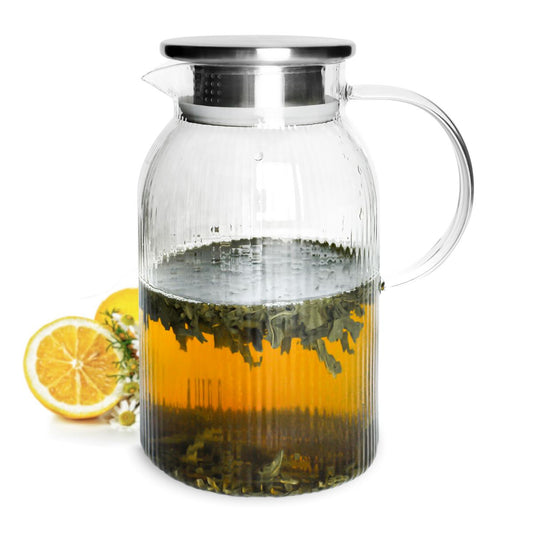 Glaskaraffe 1,5L mit Edelstahl Filter und Relief Wasserkrug Wasserkaraffe Glaskrug