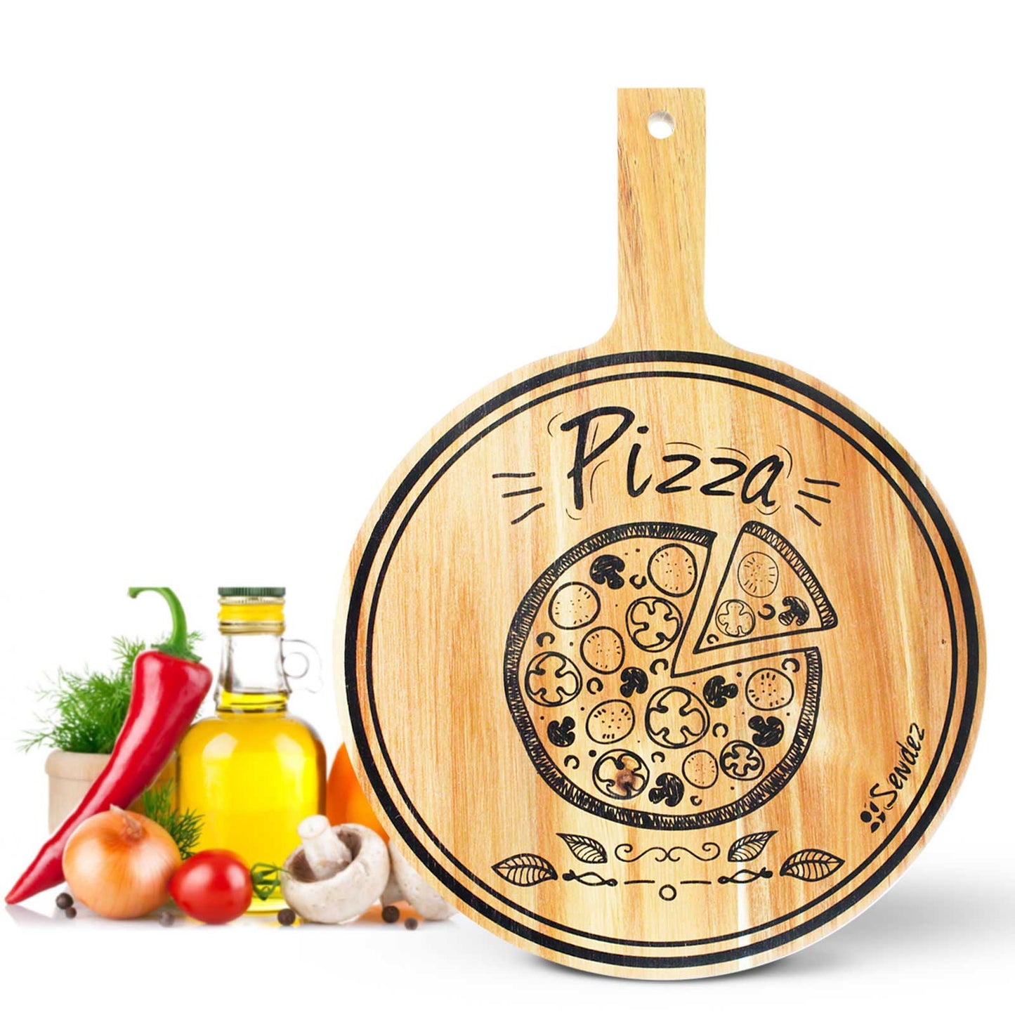 Pizzabrett mit Griff und Aufdruck ø30cm Holzbrett Vesperbrett Käsebrett Wurstplatte Pizzateller