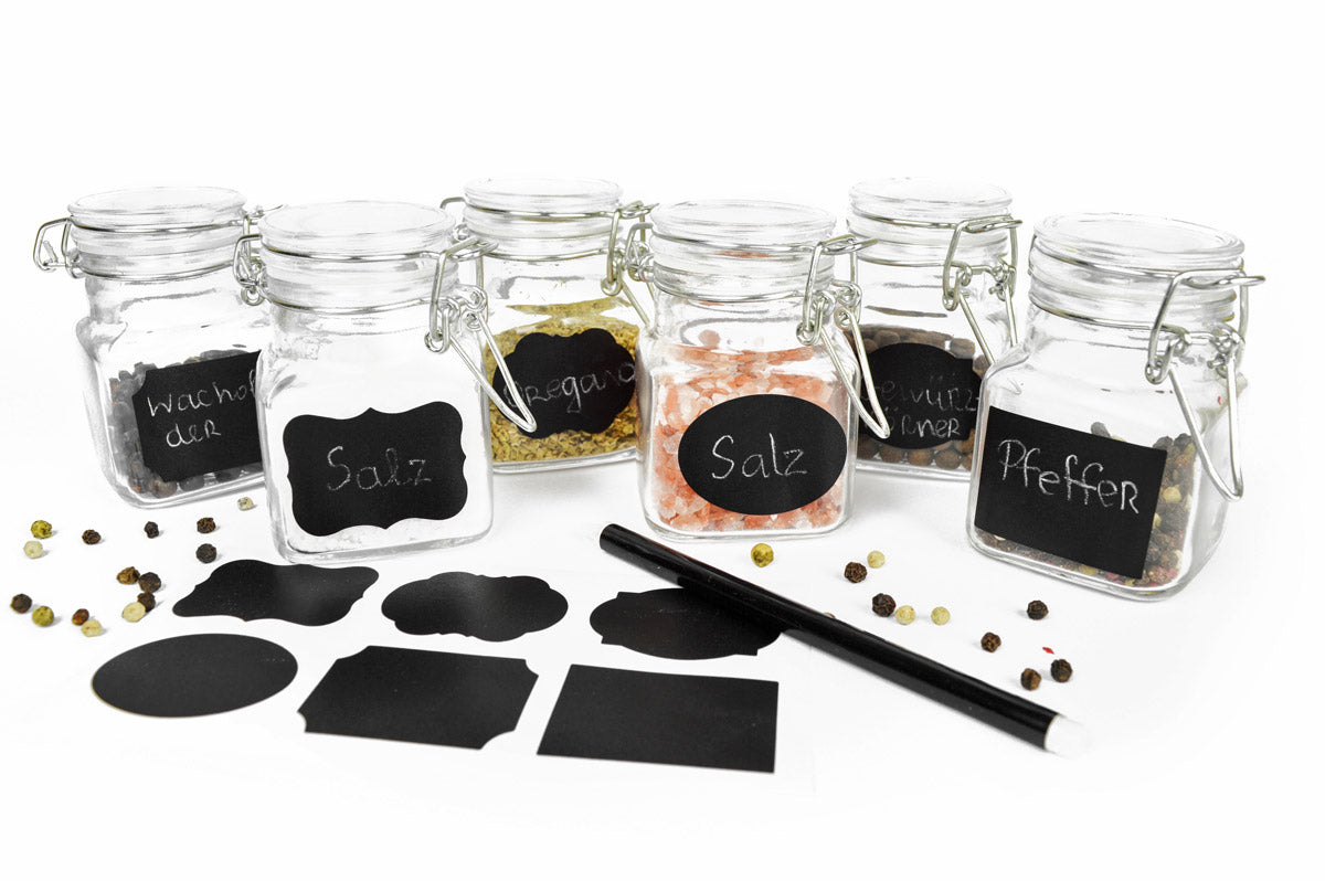 6 storage jars with chalkboard field, jam jars, spice jars, storage container