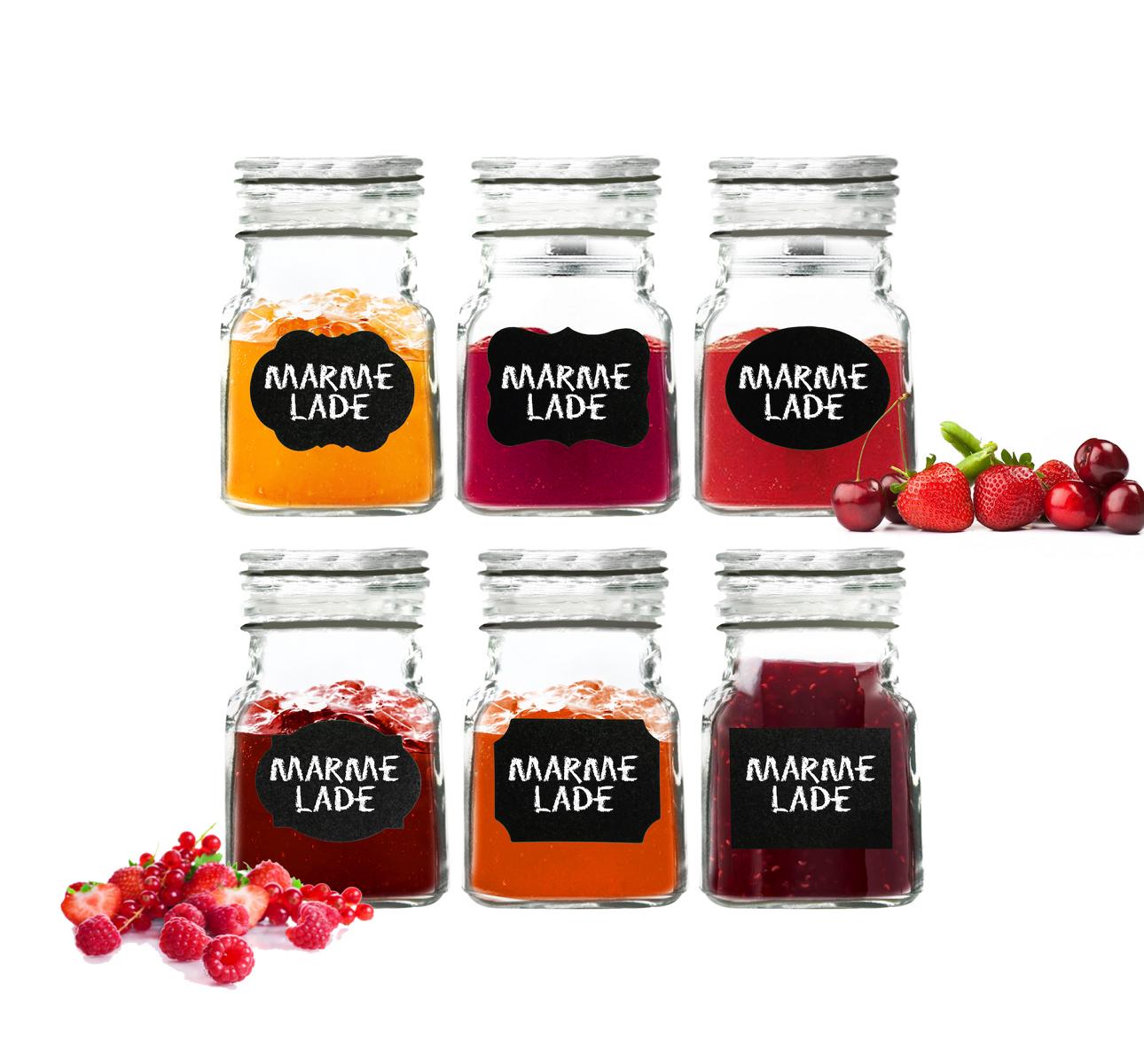 6 storage jars with chalkboard field, jam jars, spice jars, storage container