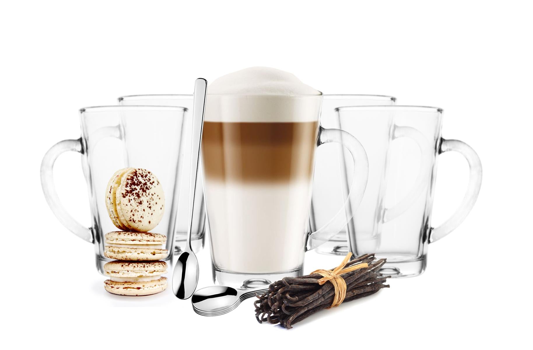 6 Kaffeegläser Teegläser Gläser 300 ml mit Henkel und 6 Edelstahl-Löff