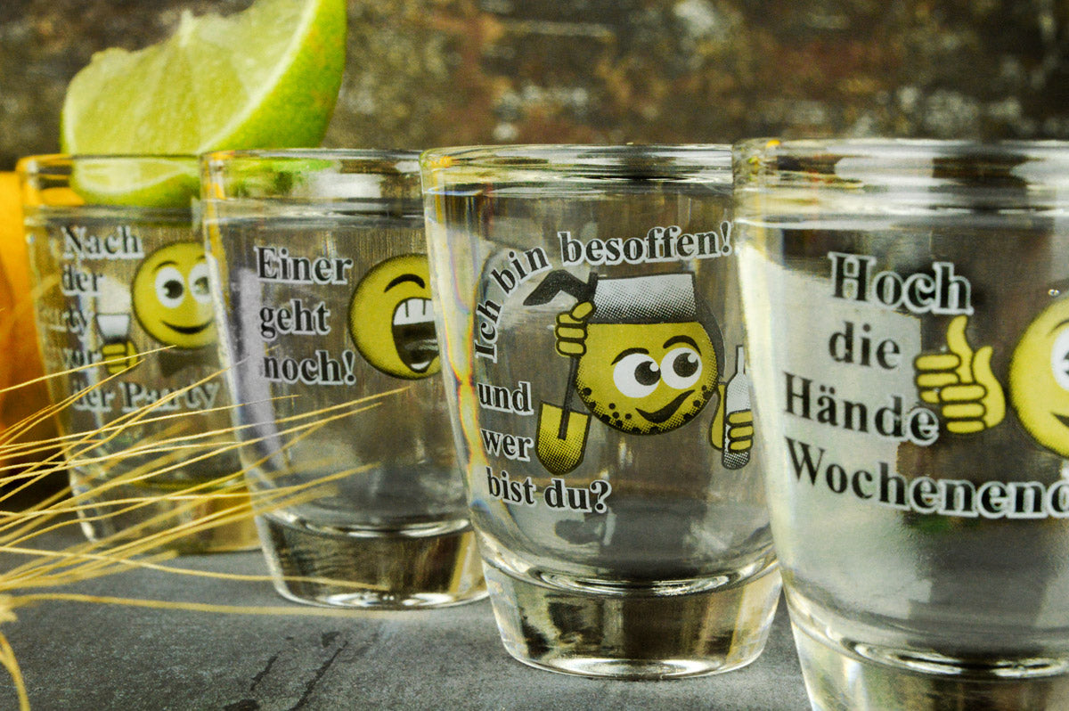 6 Schnapsgläser Tequilagläser mit Sprüchen Shots Stamper Wodkagläser Barrel