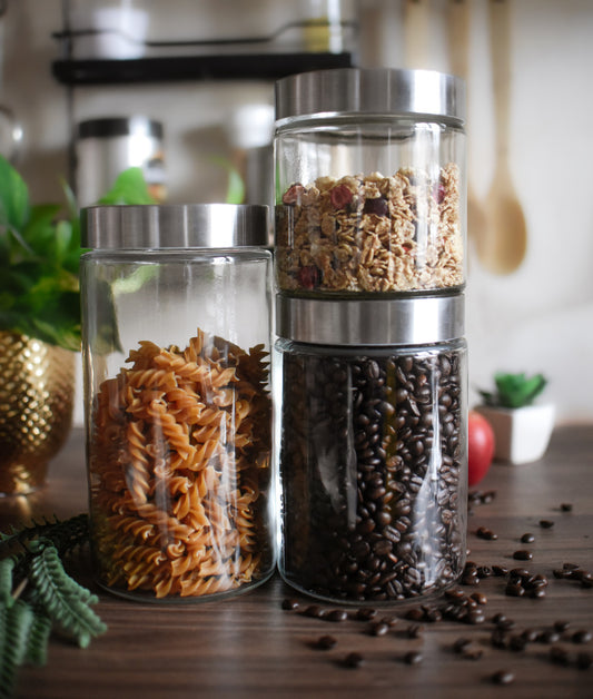 3 storage jars with metal lids, storage container, storage jar, storage jars