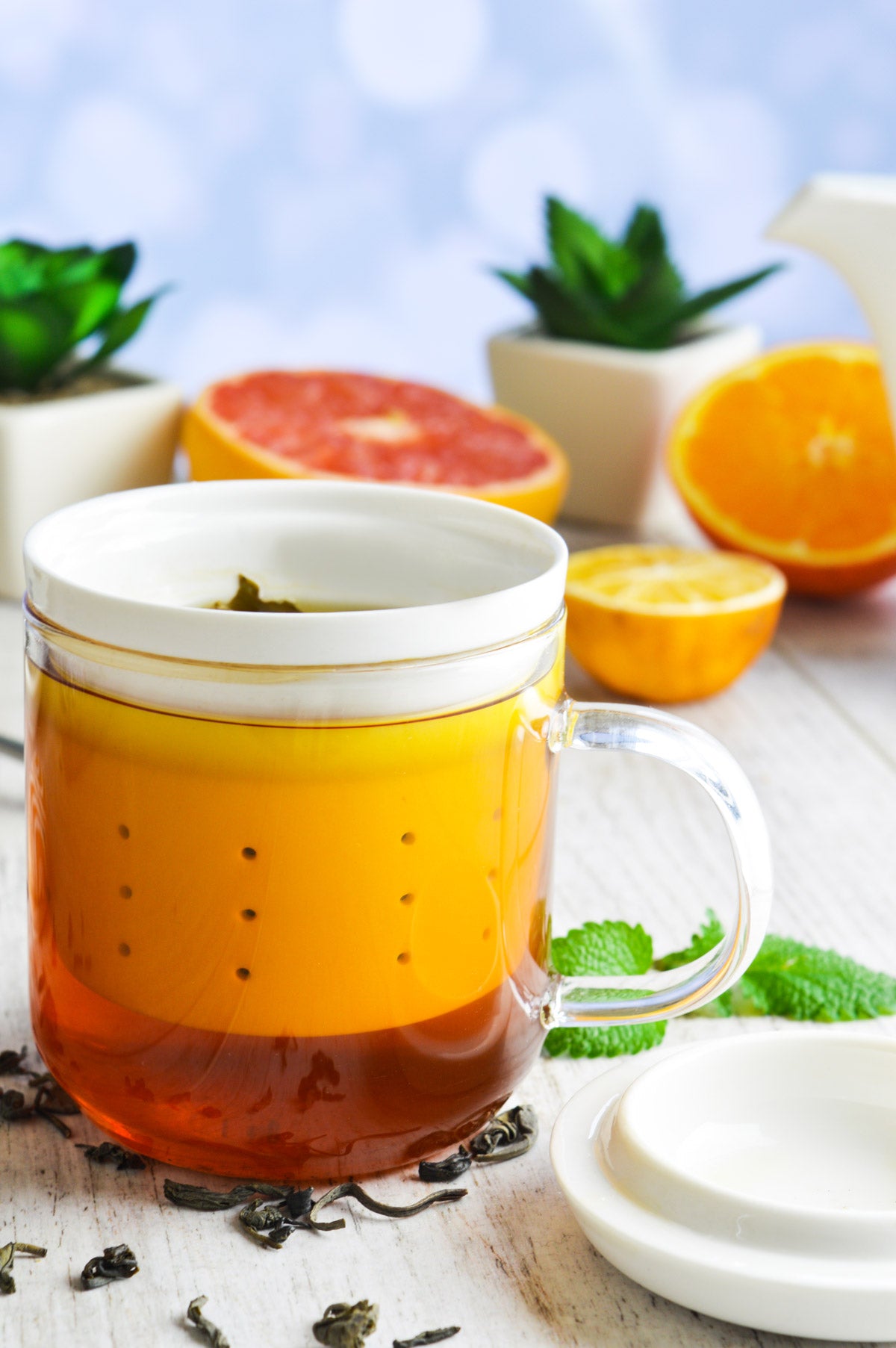 Tea glass with porcelain tea strainer, tea filter, tea maker, tea mug, tea cup