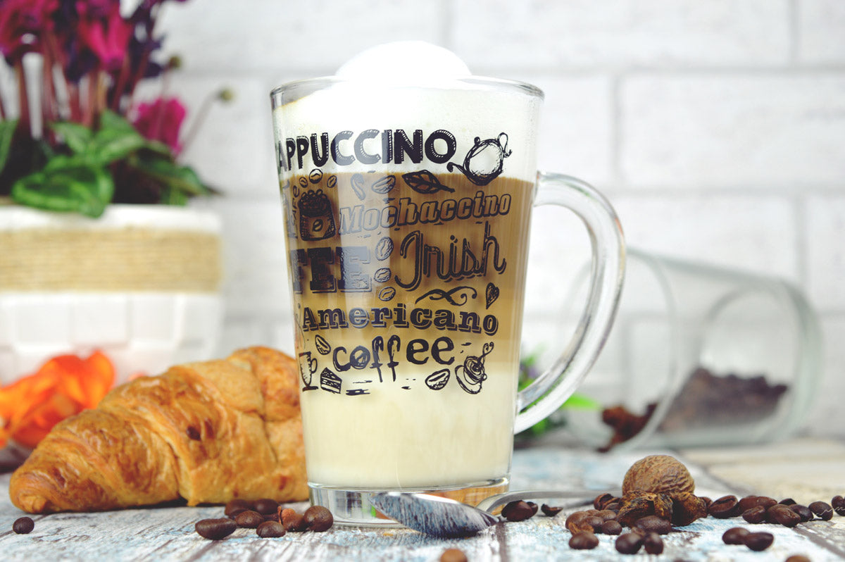 6 Kaffeegläser 300ml mit Henkel Teeglas Latte Macchiato Gläser Kaffee-Aufdruck