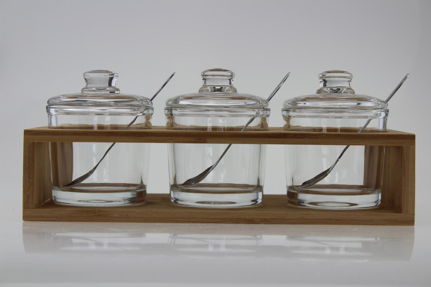 3 Gewürzgläser mit Holzkiste und Löffeln Gewürzdosen Parmesandosen Marmeladendosen Set Honigdose Dose Zuckerdose Salzdose Vorratsdose