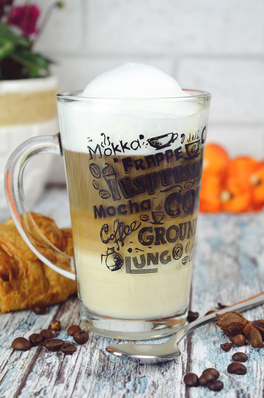 6 Kaffeegläser 300ml mit Henkel Teeglas Latte Macchiato Gläser Kaffee-Aufdruck