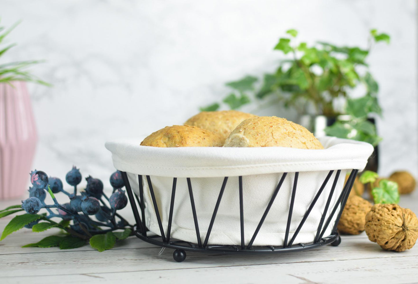 Brotkorb aus Metall mit Stofftasche Brötchenkorb Gebäckschale Obstkorb