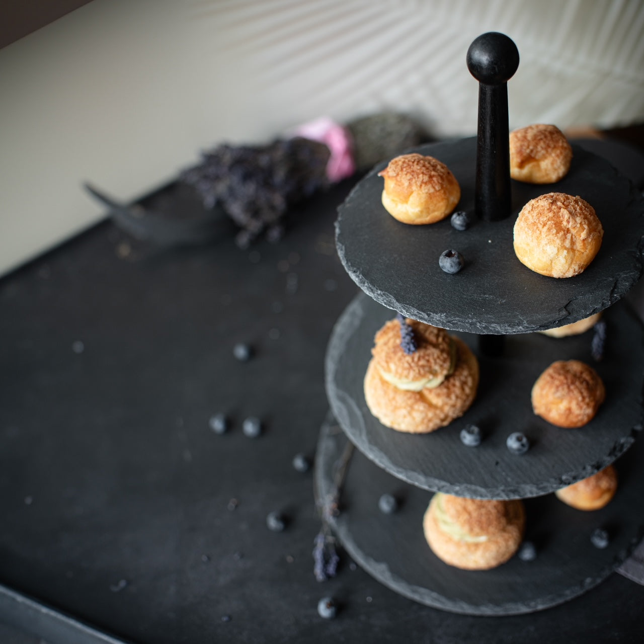 3 tier cake stand made of slate with wooden trunk, cake plate, cake stand, serving stand