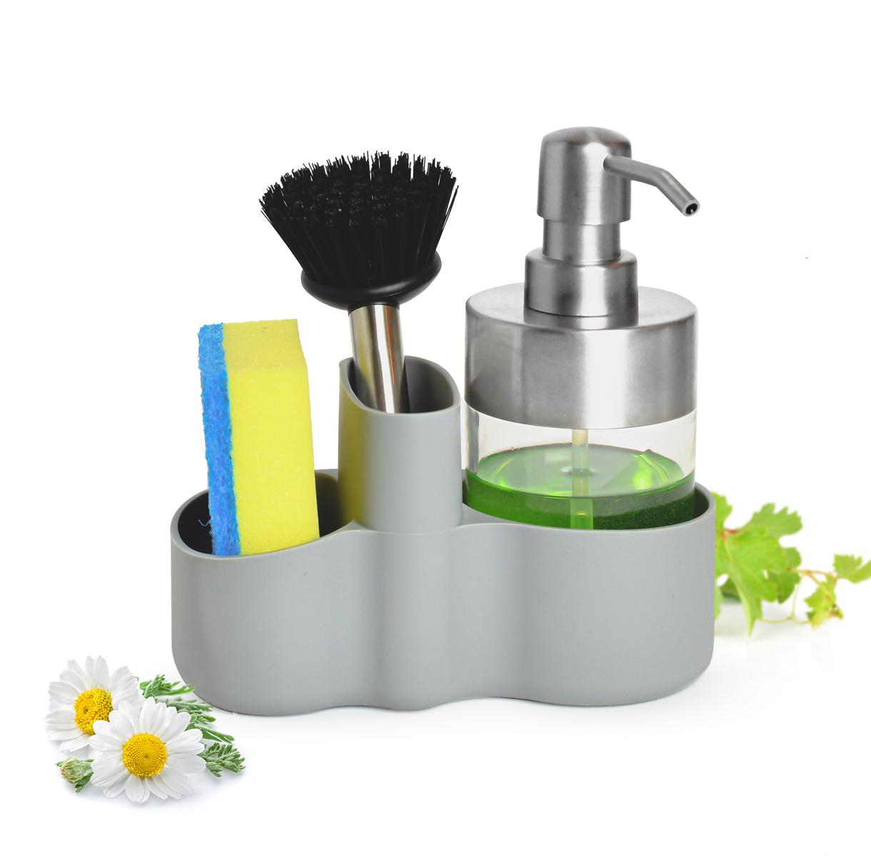 Organisateur d'évier avec distributeur de détergent, brosse éponge, organisateur d'ustensiles de cuisine, support d'évier