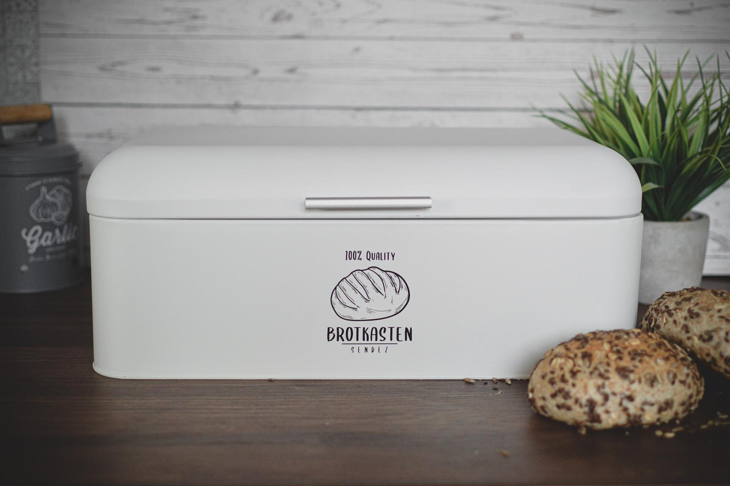 Large metal bread bin in a retro look, rolling bread bin, bread bin, white