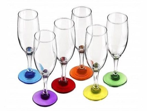 6 Sektgläser mit farbigem Fuß, Sektkelche, Champagnergläser, Proseccogläser