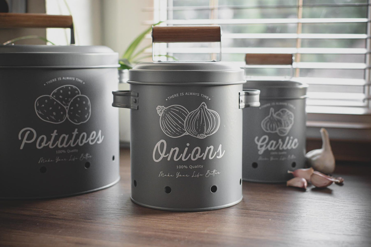 3 Vorratsbehälter Kartoffeltopf Knoblauchtopf Zwiebeltopf Vorratsdosen grau matt