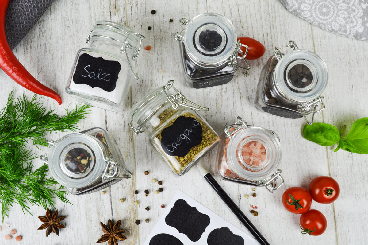 6 storage jars with chalkboard field, jam jars, spice jars, storage container