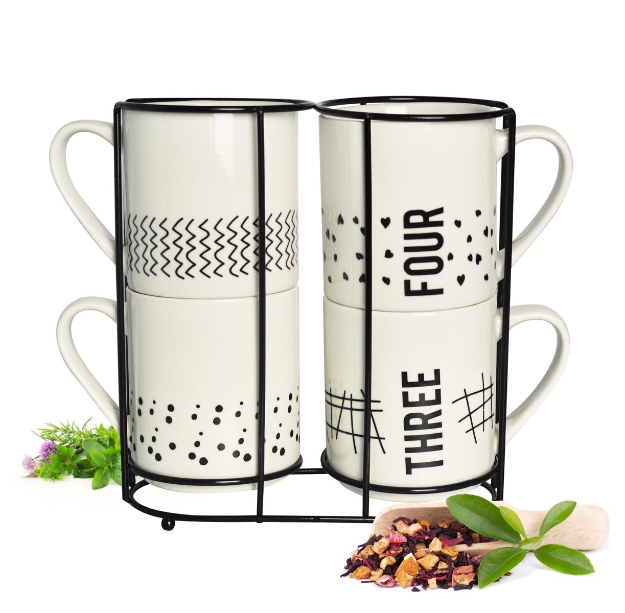 4 Kaffeebecher 300ml aus Porzellan mit Metallständer Kaffeetassen Becher Tasse Mug