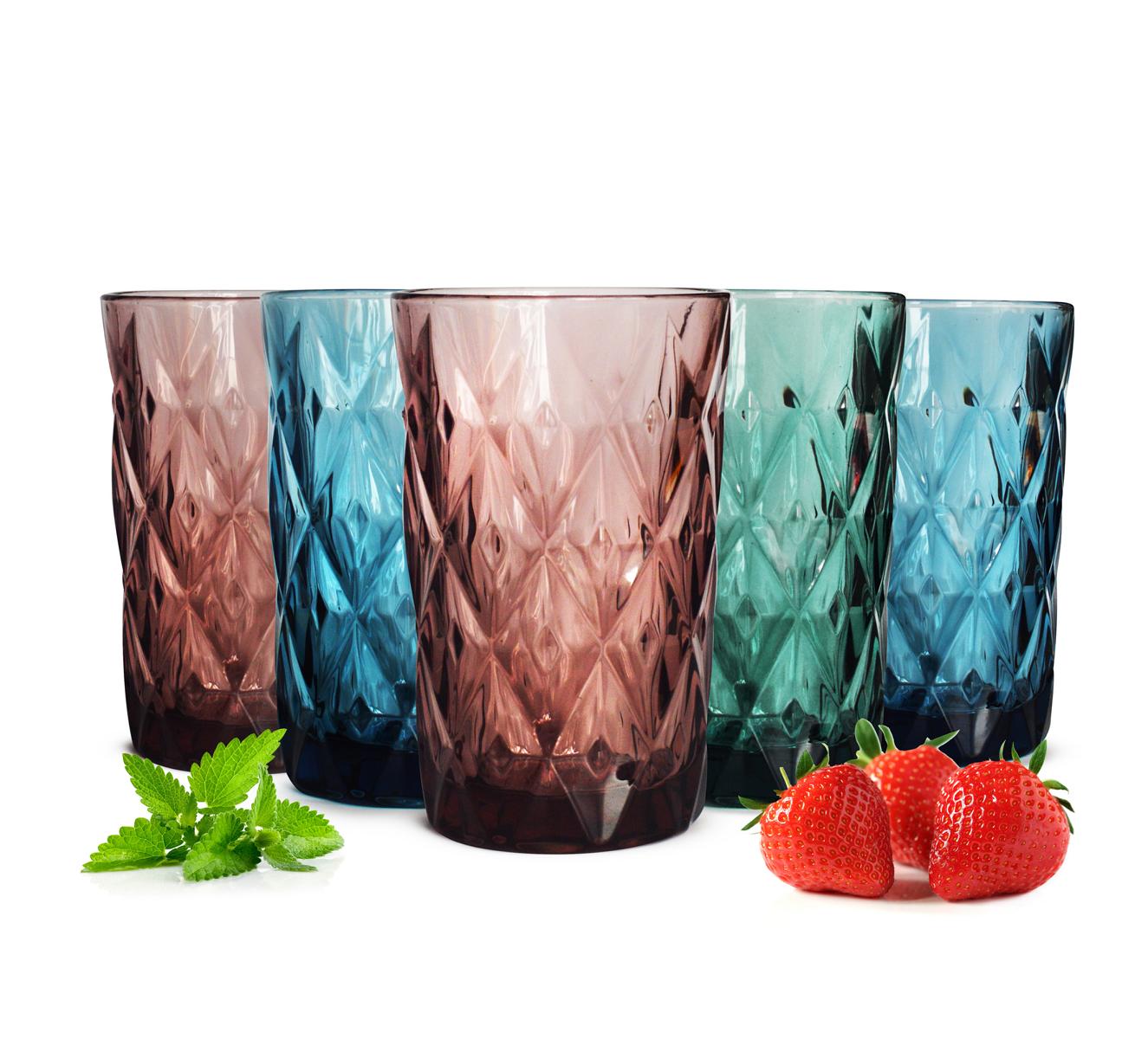 6 Bunte Trinkgläser 350ml Wassergläser Saftgläser Longdrinkgläser Cock