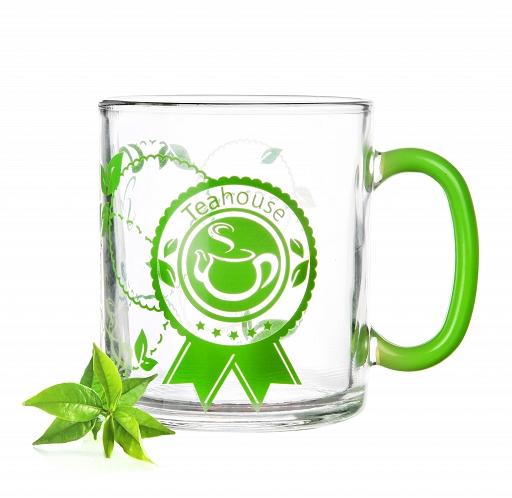 6 Teegläser 300ml mit Henkel und Motiv Teeset Teebecher Teemotiv Gläserset