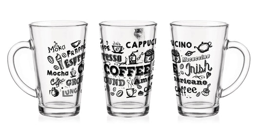 6  Latte Macchiato Gläser 300ml mit Kaffee-Aufdruck Teegläser Kaffeegläser