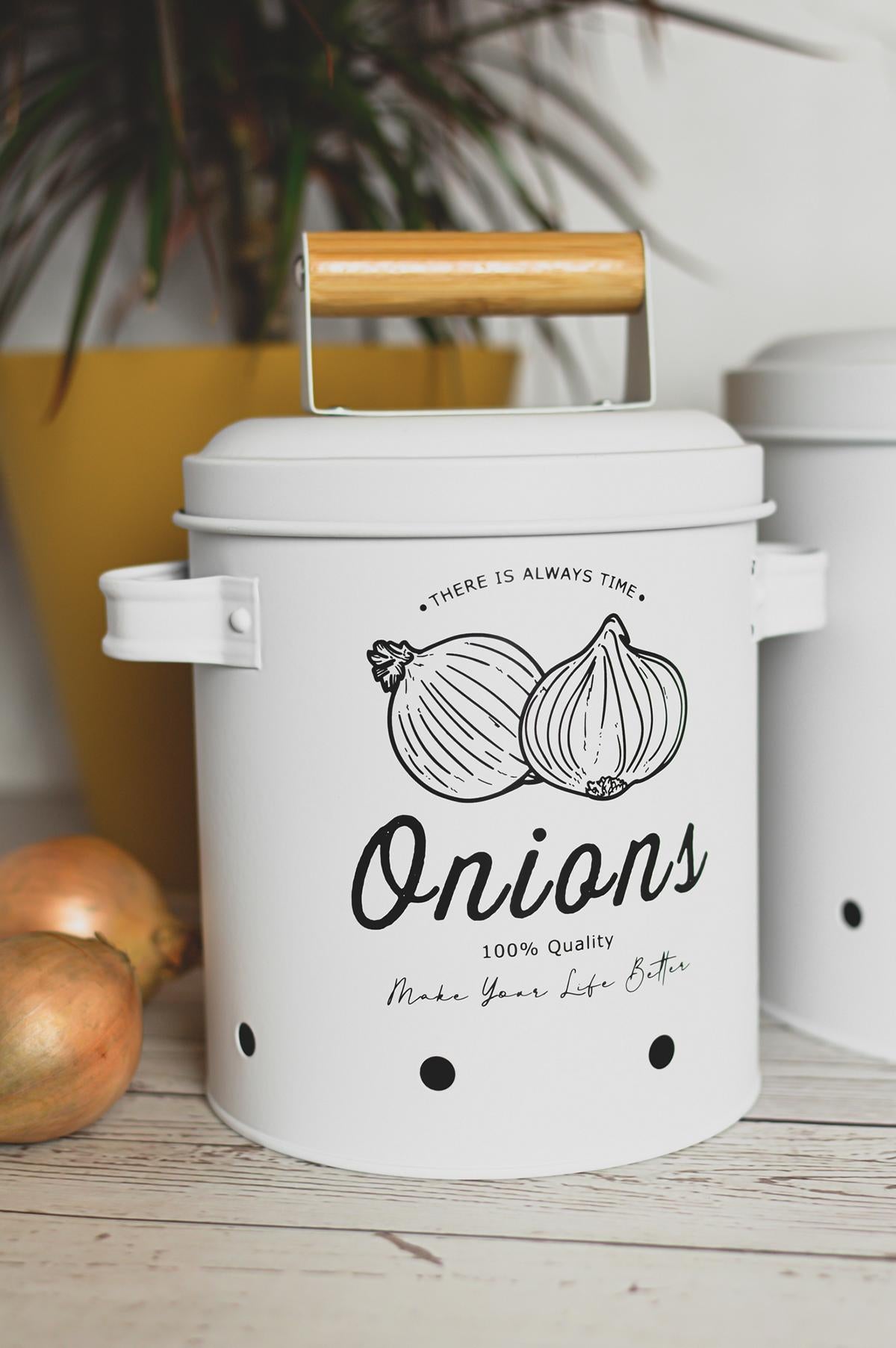 3 storage containers, potato pot, garlic pot, onion pot, storage containers, matt white