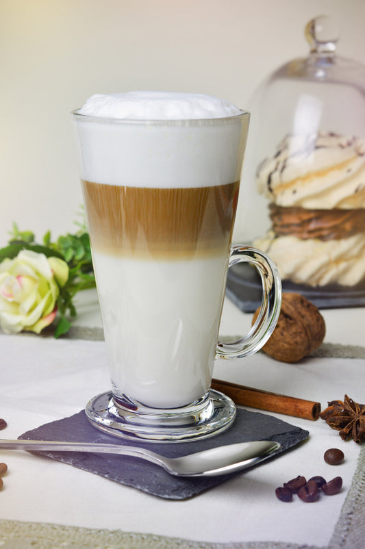 6 Latte Macchiato Gläser 280ml mit Henkel und 6 Löffel, Tee-/ Kaffeegläser