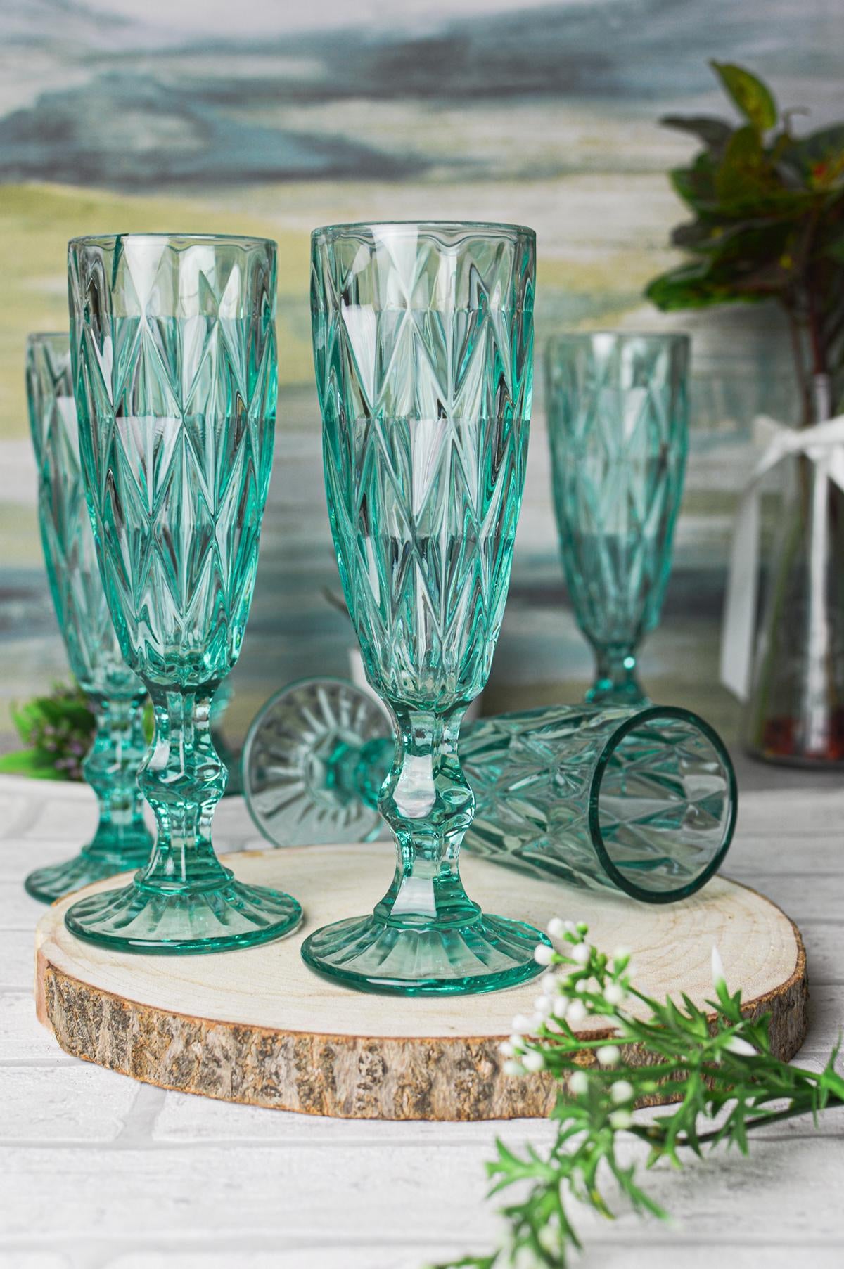 6 Blaue Sektgläser mit Schliff Sektkelche Champagner Prosecco Sektglas Proseccoglas