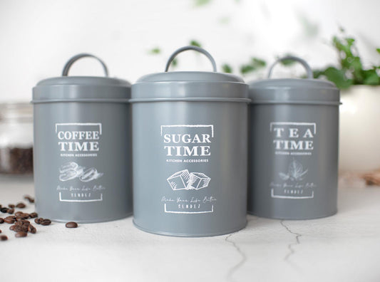 3 Vorratsdosen aus Metall Kaffeedose Teedose Zuckerdose  Vorratsgefäß Vorratsbehälter Grau