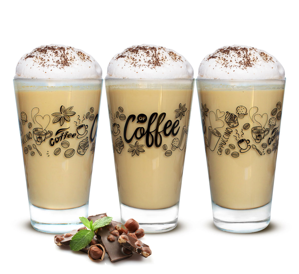 6 Latte Macchiato Gläser 310ml Kaffeegläser Teeggläser Teegläser mit schwarzem Kaffee-Aufdruck