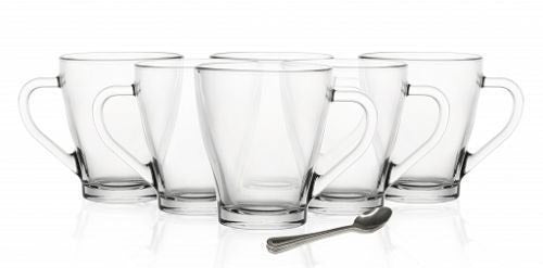 6 Cappuccino-Gläser 250ml mit Henkel und 6 Edelstahl-Löffeln, Kaffee-/ Teegläser