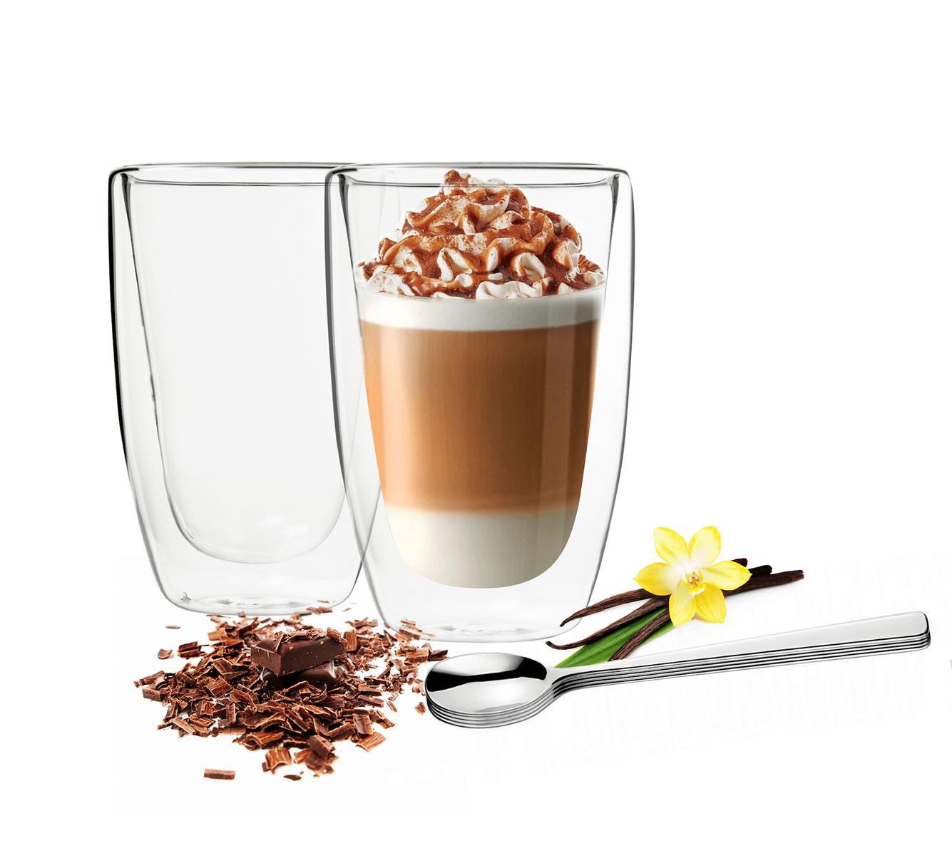 2 Doppelwandige Latte Macchiato Gläser 450ml mit 2 Edelstahl-Löffel Kaffegläser