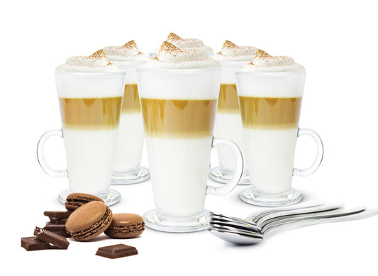 6 Latte Macchiato Gläser 280ml mit Henkel und 6 Löffel, Tee-/ Kaffeegläser