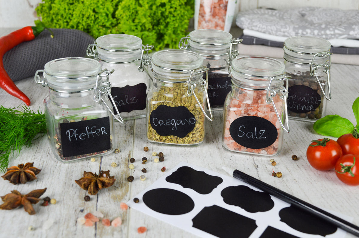 6 storage jars with chalkboard field, jam jars, spice jars, storage container