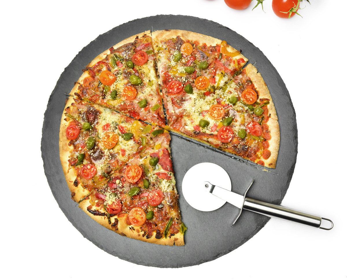 Pizzateller Set ø36cm aus Schiefer mit Pizzaschneider Pizzaschneidebrett Pizzabrett