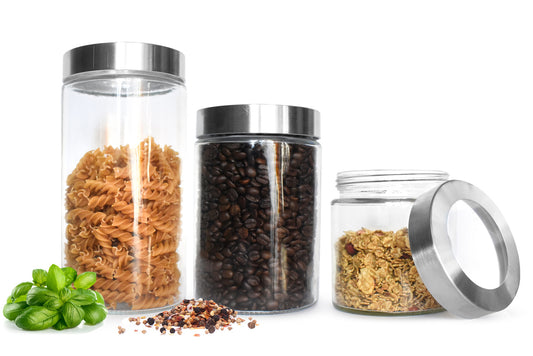 3 storage jars with metal lids, storage container, storage jar, storage jars